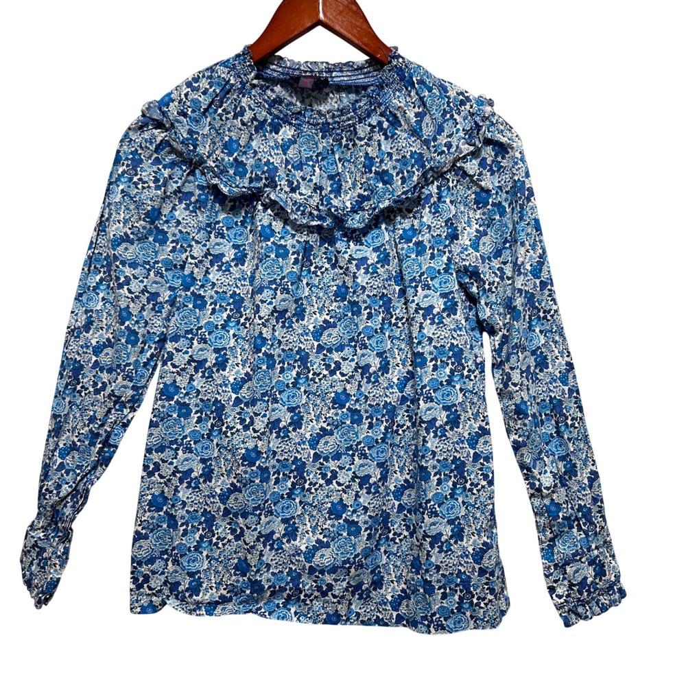 J Crew x Liberty of London Women XS Blue Floral Ruffle‎ Blouse Cottagecore Boho